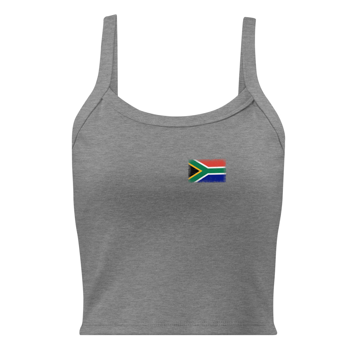 South Africa flag rib tank top in Athletic Heather, vintage-washed print, small flag on the left chest, women cut, front view