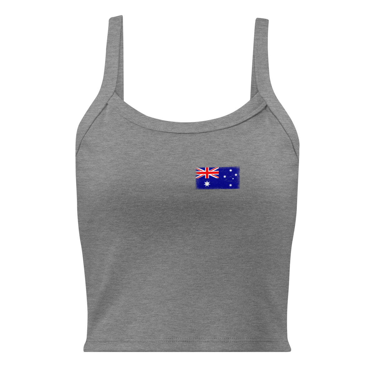Australia flag rib tank top in Athletic Heather, vintage-washed print, small flag on the left chest, women cut, front view