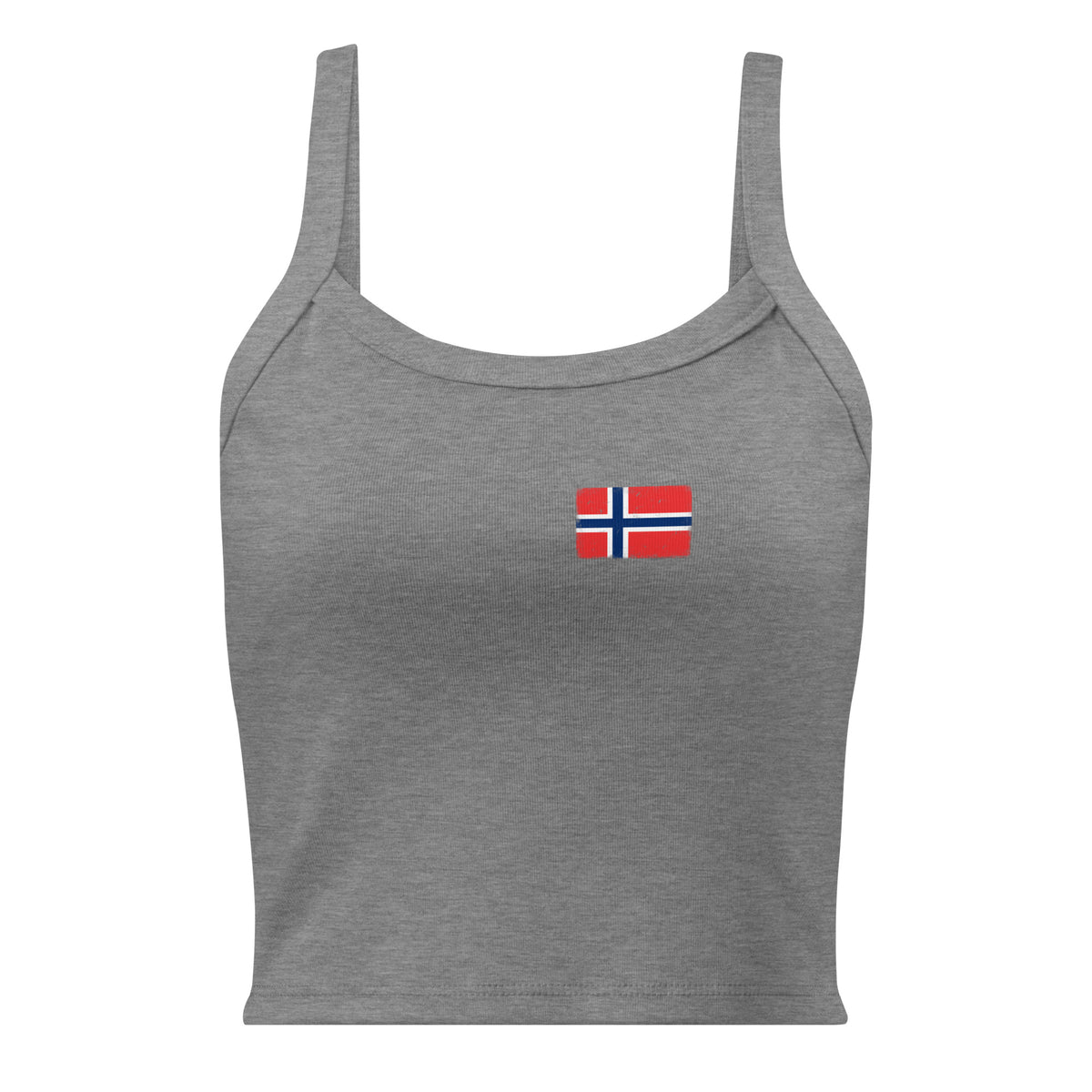 Norway flag rib tank top in Athletic Heather, vintage-washed print, small flag on the left chest, women cut, front view