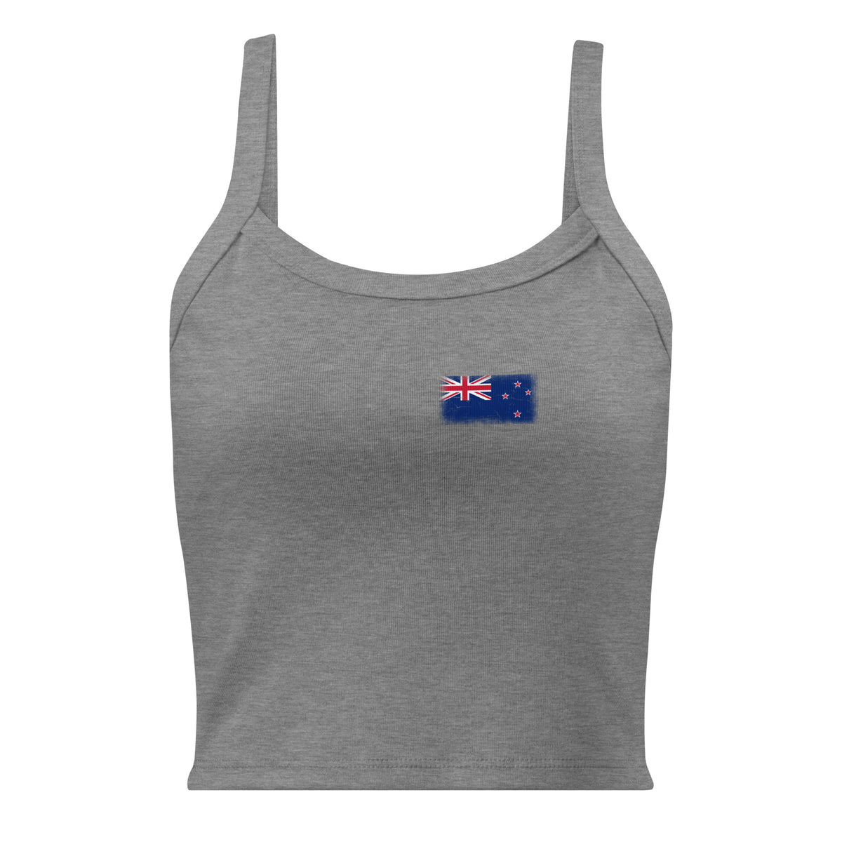New Zealand flag rib tank top in Athletic Heather, vintage-washed print, small flag on the left chest, women cut, front view