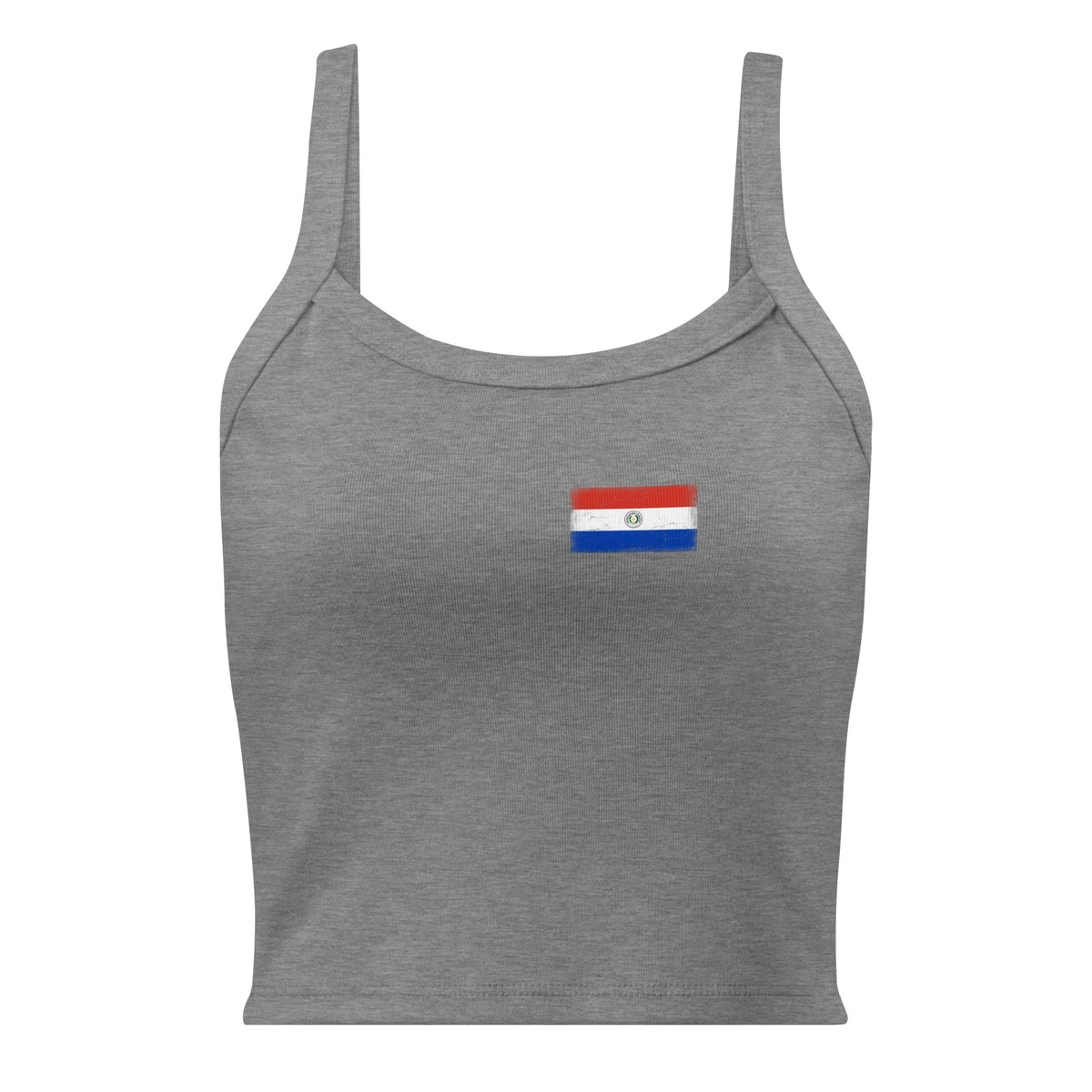 Paraguay flag rib tank top in Athletic Heather, vintage-washed print, small flag on the left chest, women cut, front view
