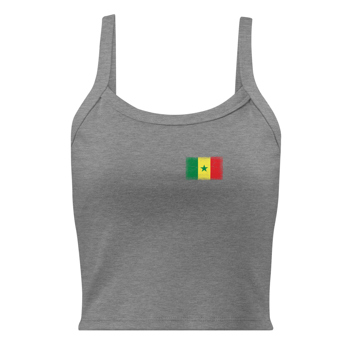 Senegal flag rib tank top in Athletic Heather, vintage-washed print, small flag on the left chest, women cut, front view
