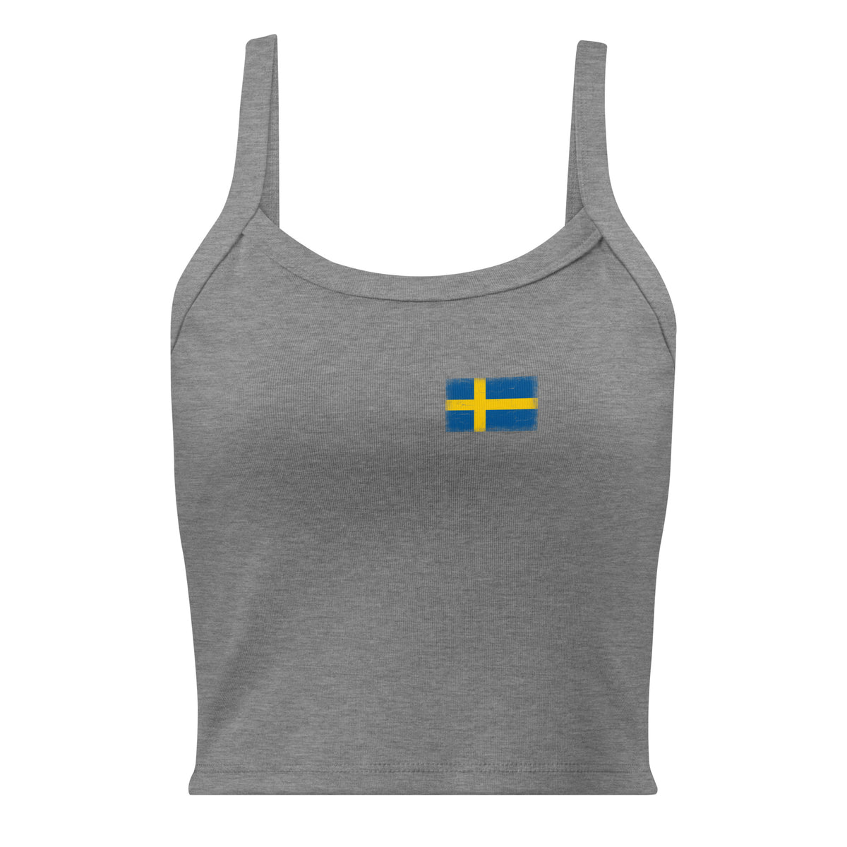 Sweden flag rib tank top in Athletic Heather, vintage-washed print, small flag on the left chest, women cut, front view