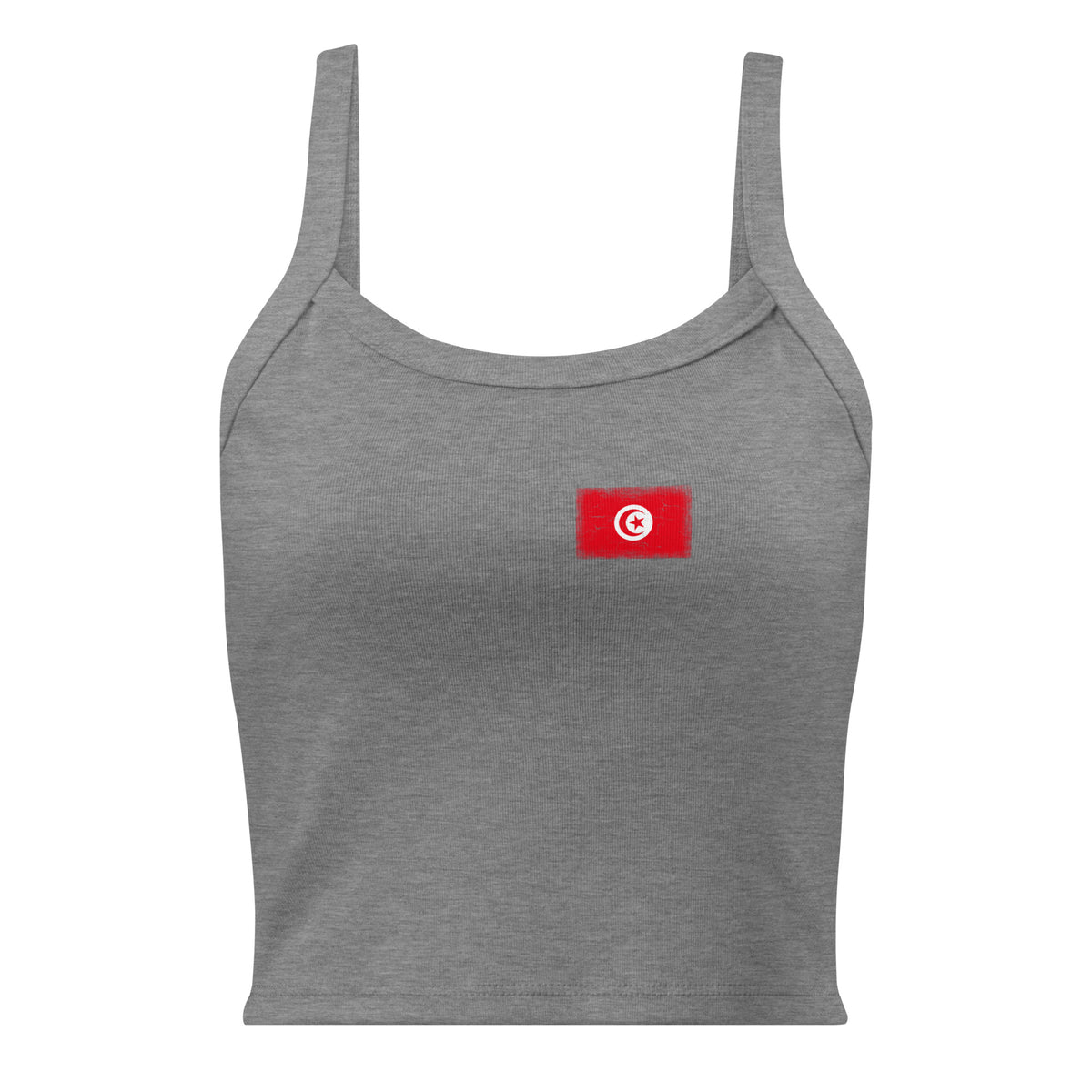 Tunisia flag rib tank top in Athletic Heather, vintage-washed print, small flag on the left chest, women cut, front view