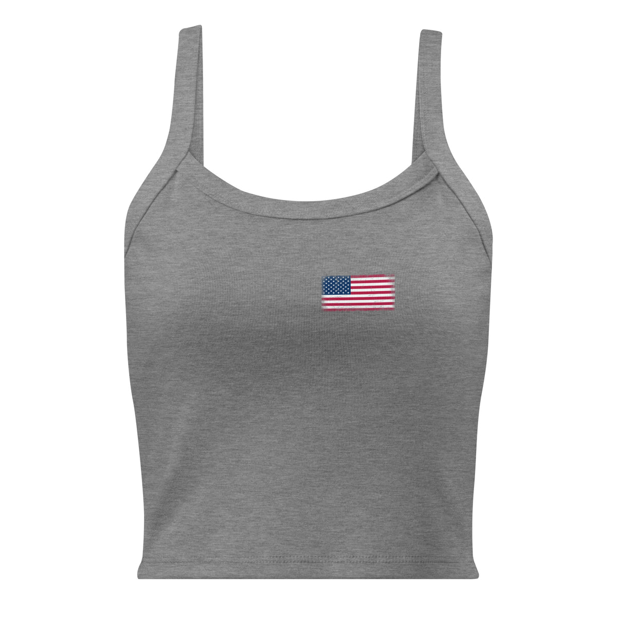 USA flag rib tank top in Athletic Heather, vintage-washed print, small flag on the left chest, women cut, front view