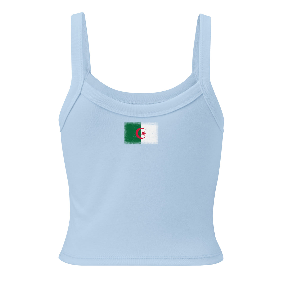 Algeria flag rib tank top in Solid Baby Blue Blend, vintage-washed print, flag across the upper back, women cut, back view