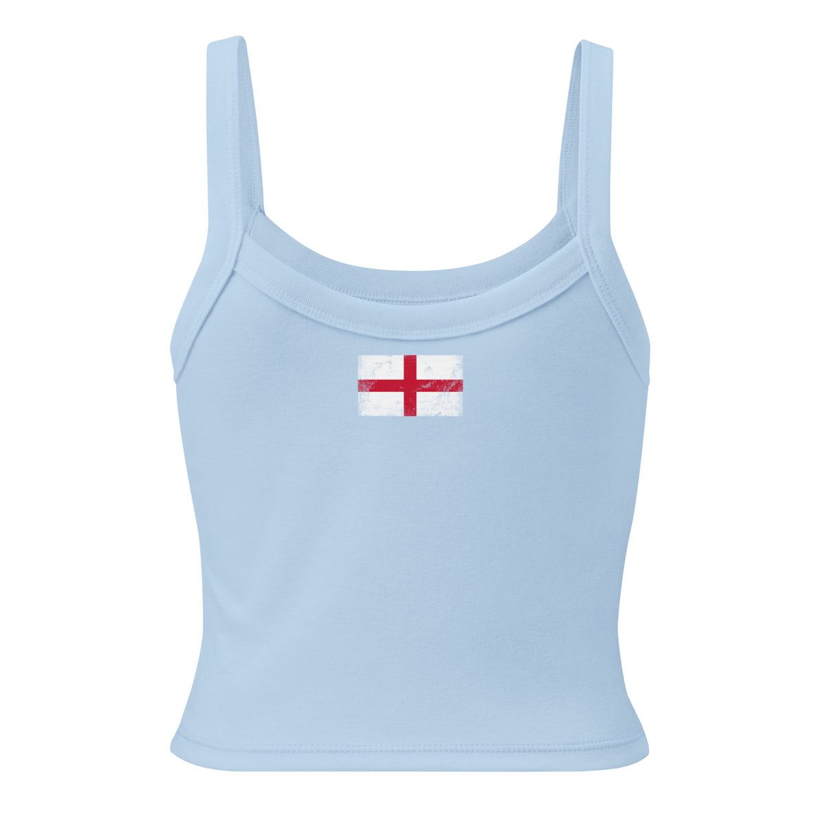 England flag rib tank top in Solid Baby Blue Blend, vintage-washed print, flag across the upper back, women cut, back view