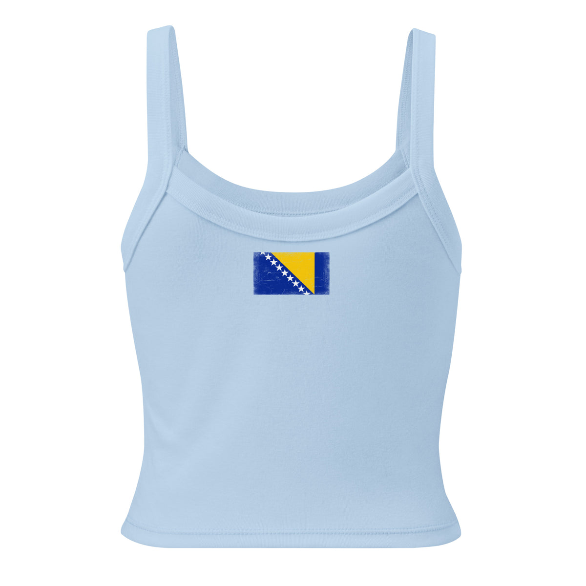 Bosnia and Herzegovina flag rib tank top in Solid Baby Blue Blend, vintage-washed print, flag across the upper back, women cut, back view