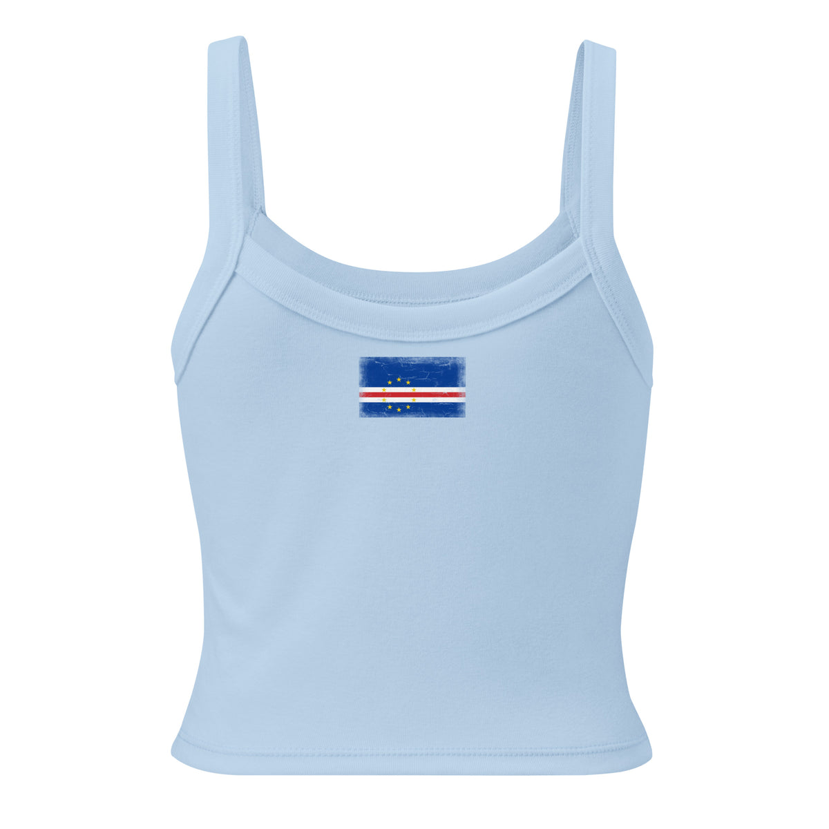 Cape Verde flag rib tank top in Solid Baby Blue Blend, vintage-washed print, flag across the upper back, women cut, back view