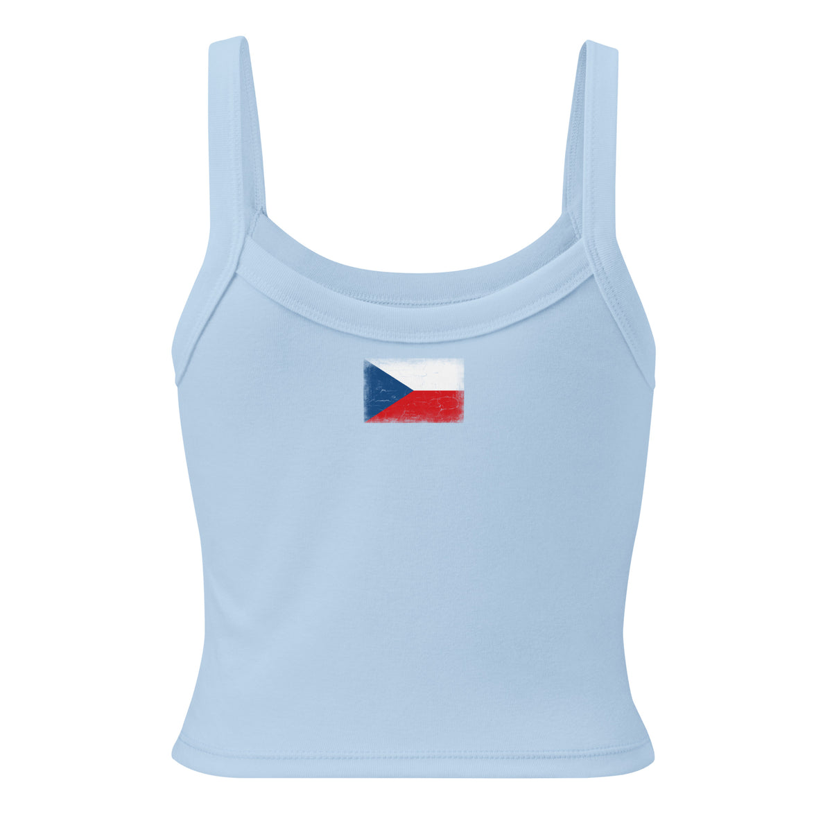 Czechia flag rib tank top in Solid Baby Blue Blend, vintage-washed print, flag across the upper back, women cut, back view
