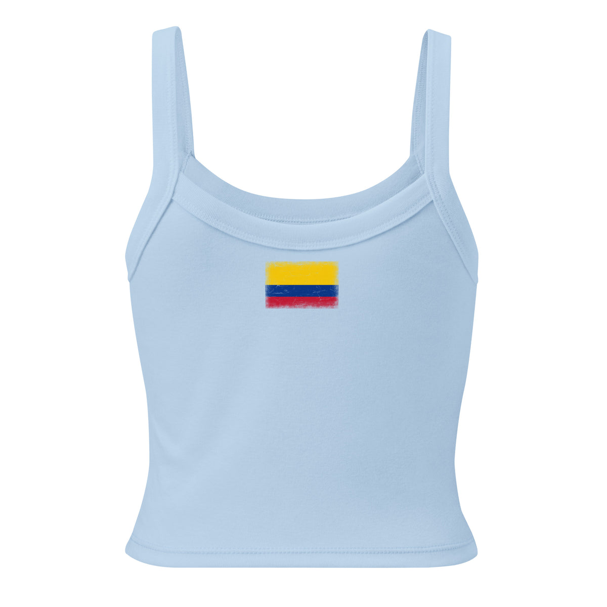 Colombia flag rib tank top in Solid Baby Blue Blend, vintage-washed print, flag across the upper back, women cut, back view