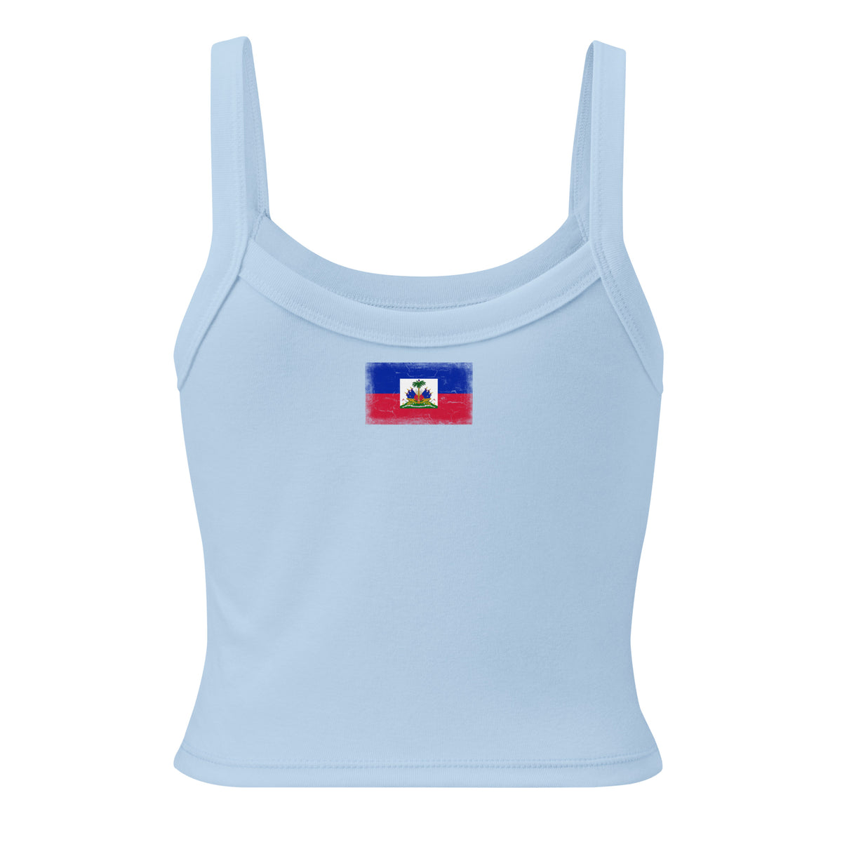 Haiti flag rib tank top in Solid Baby Blue Blend, vintage-washed print, flag across the upper back, women cut, back view