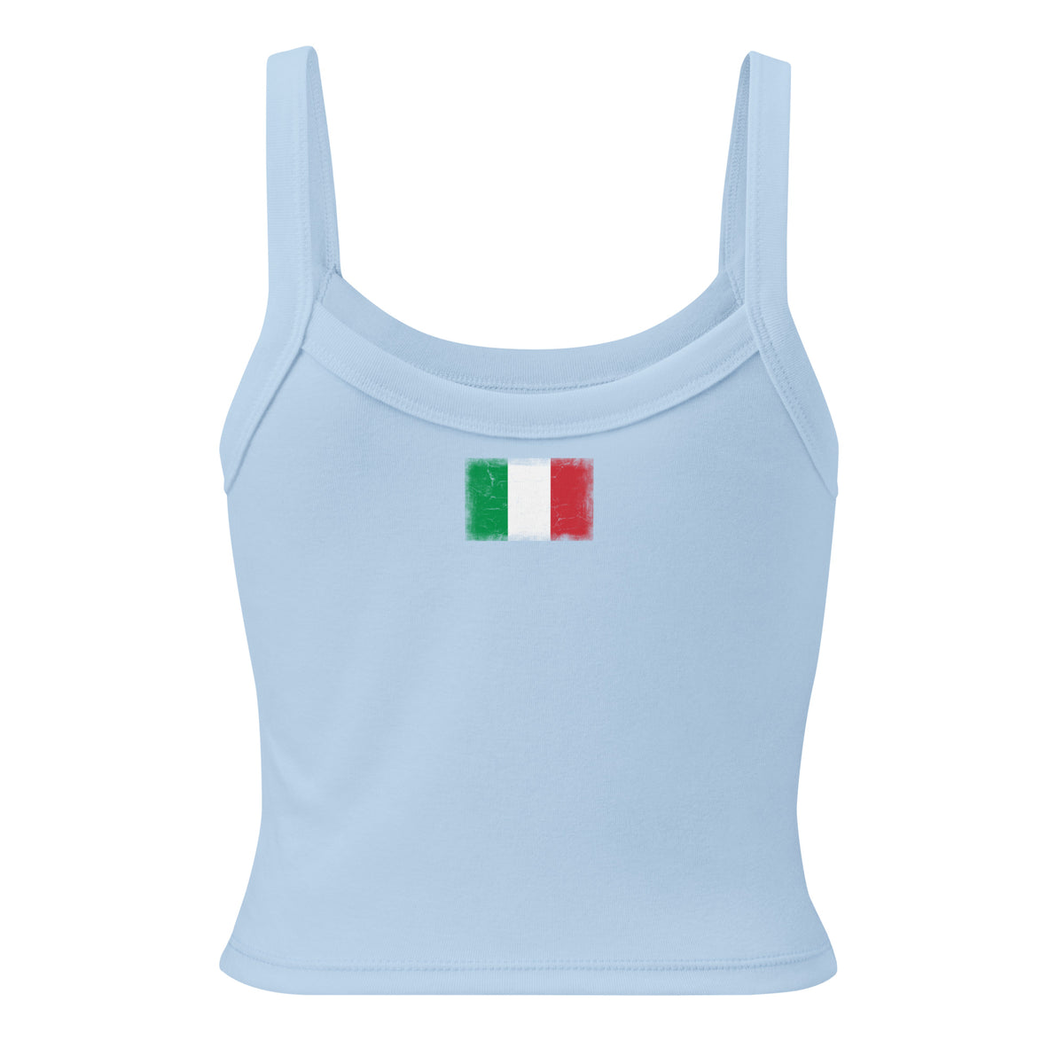 Italy flag rib tank top in Solid Baby Blue Blend, vintage-washed print, flag across the upper back, women cut, back view