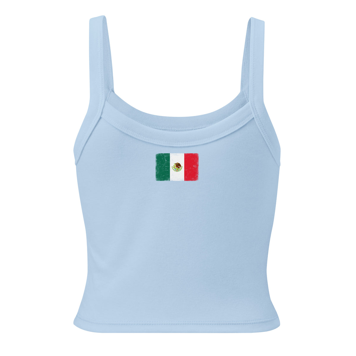 Mexico flag rib tank top in Solid Baby Blue Blend, vintage-washed print, flag across the upper back, women cut, back view