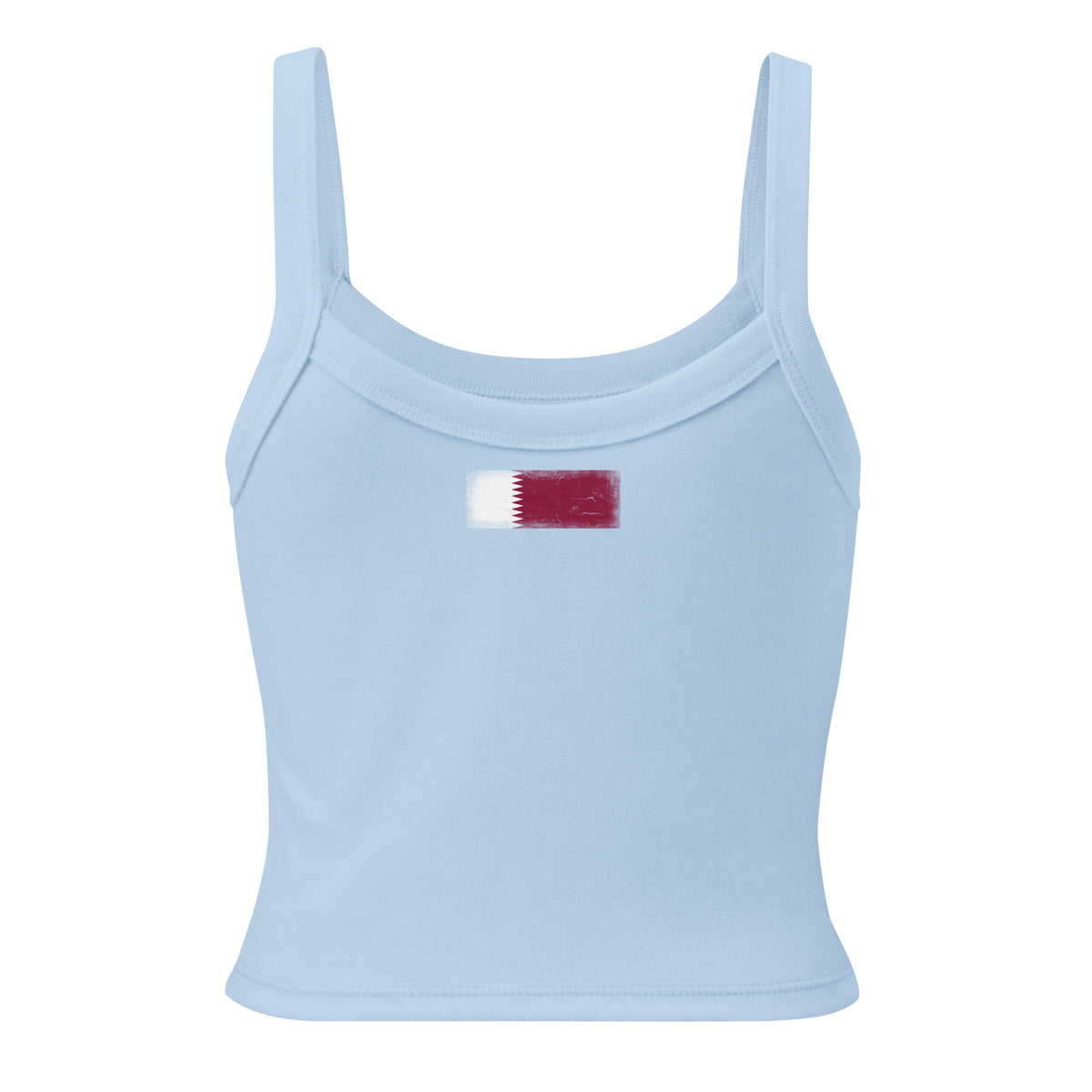 Qatar flag rib tank top in Solid Baby Blue Blend, vintage-washed print, flag across the upper back, women cut, back view