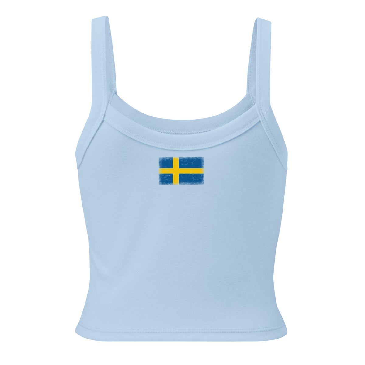 Sweden flag rib tank top in Solid Baby Blue Blend, vintage-washed print, flag across the upper back, women cut, back view
