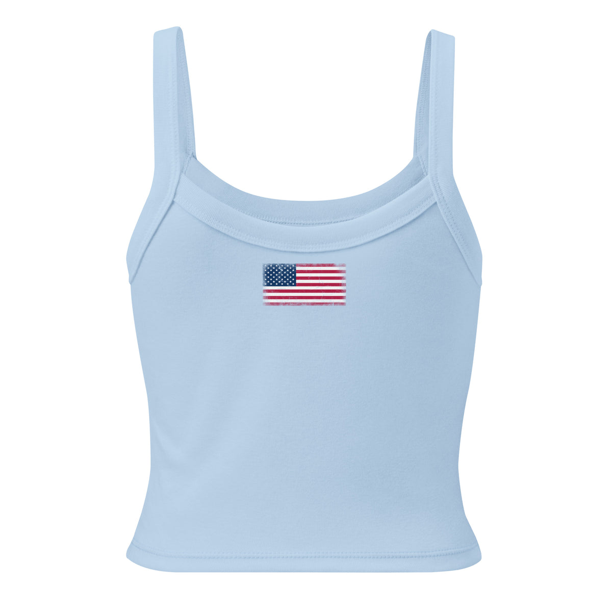 USA flag rib tank top in Solid Baby Blue Blend, vintage-washed print, flag across the upper back, women cut, back view