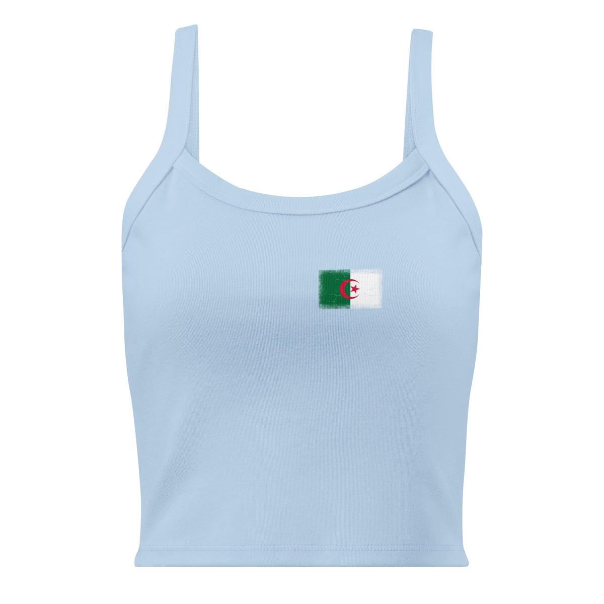 Algeria flag rib tank top in Solid Baby Blue Blend, vintage-washed print, small flag on the left chest, women cut, front view