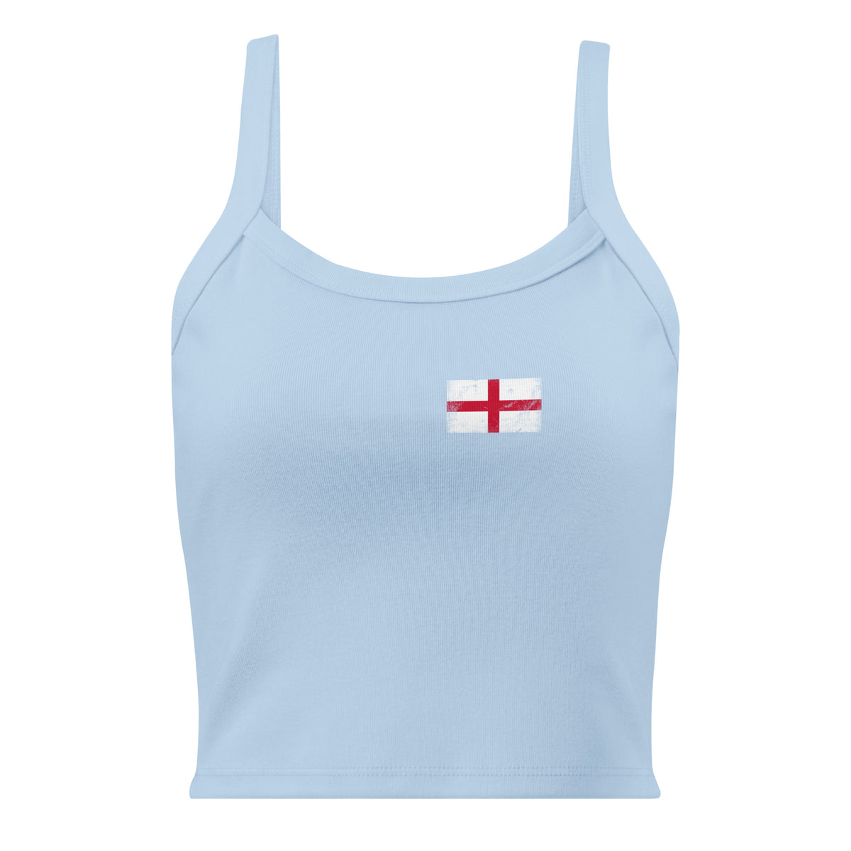 England flag rib tank top in Solid Baby Blue Blend, vintage-washed print, small flag on the left chest, women cut, front view