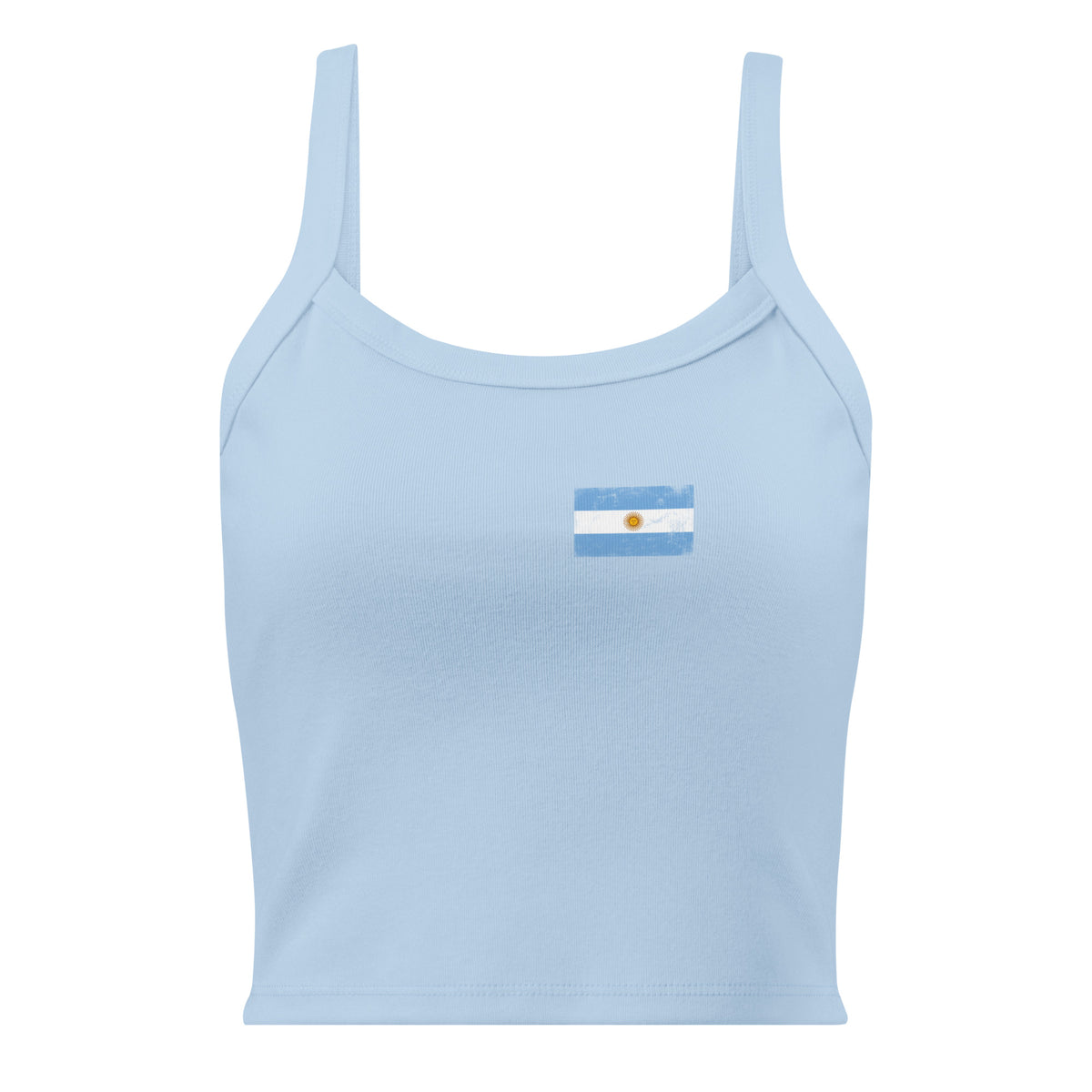 Argentina flag rib tank top in Solid Baby Blue Blend, vintage-washed print, small flag on the left chest, women cut, front view