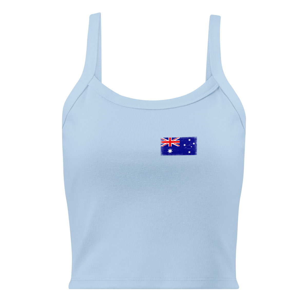 Australia flag rib tank top in Solid Baby Blue Blend, vintage-washed print, small flag on the left chest, women cut, front view