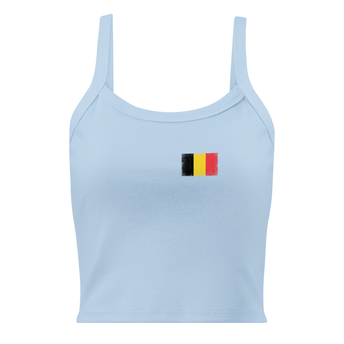 Belgium flag rib tank top in Solid Baby Blue Blend, vintage-washed print, small flag on the left chest, women cut, front view