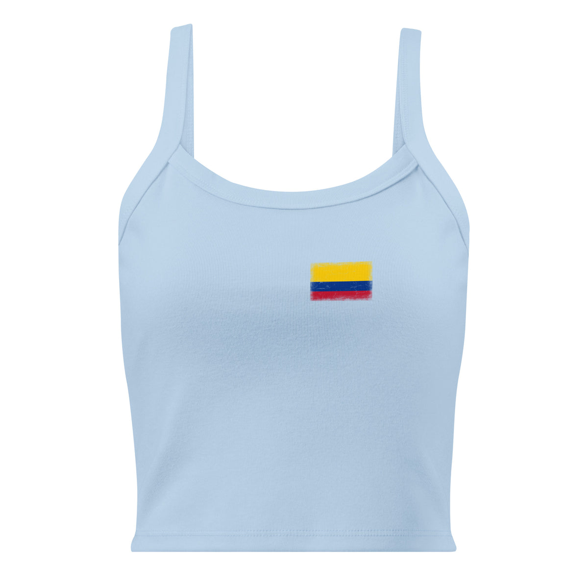 Colombia flag rib tank top in Solid Baby Blue Blend, vintage-washed print, small flag on the left chest, women cut, front view