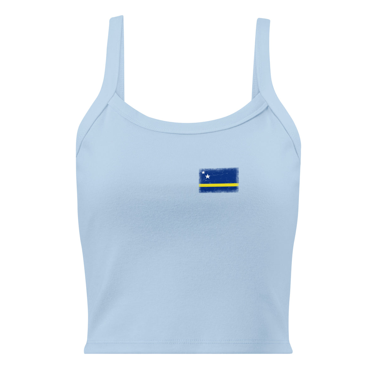Curaçao flag rib tank top in Solid Baby Blue Blend, vintage-washed print, small flag on the left chest, women cut, front view
