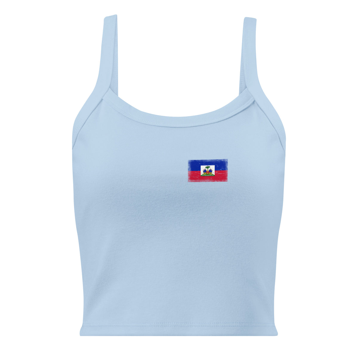 Haiti flag rib tank top in Solid Baby Blue Blend, vintage-washed print, small flag on the left chest, women cut, front view