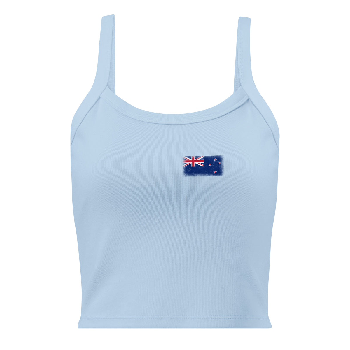 New Zealand flag rib tank top in Solid Baby Blue Blend, vintage-washed print, small flag on the left chest, women cut, front view