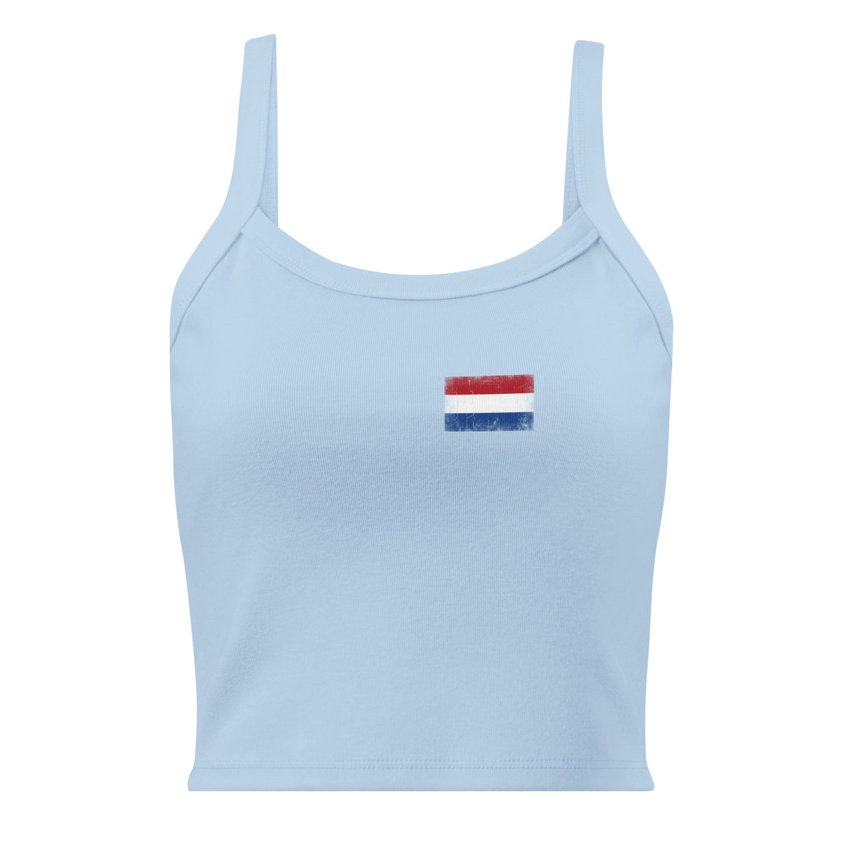 Netherlands flag rib tank top in Solid Baby Blue Blend, vintage-washed print, small flag on the left chest, women cut, front view