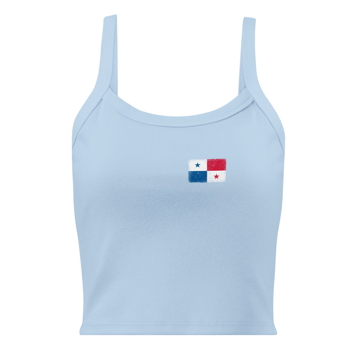 Panama flag rib tank top in Solid Baby Blue Blend, vintage-washed print, small flag on the left chest, women cut, front view