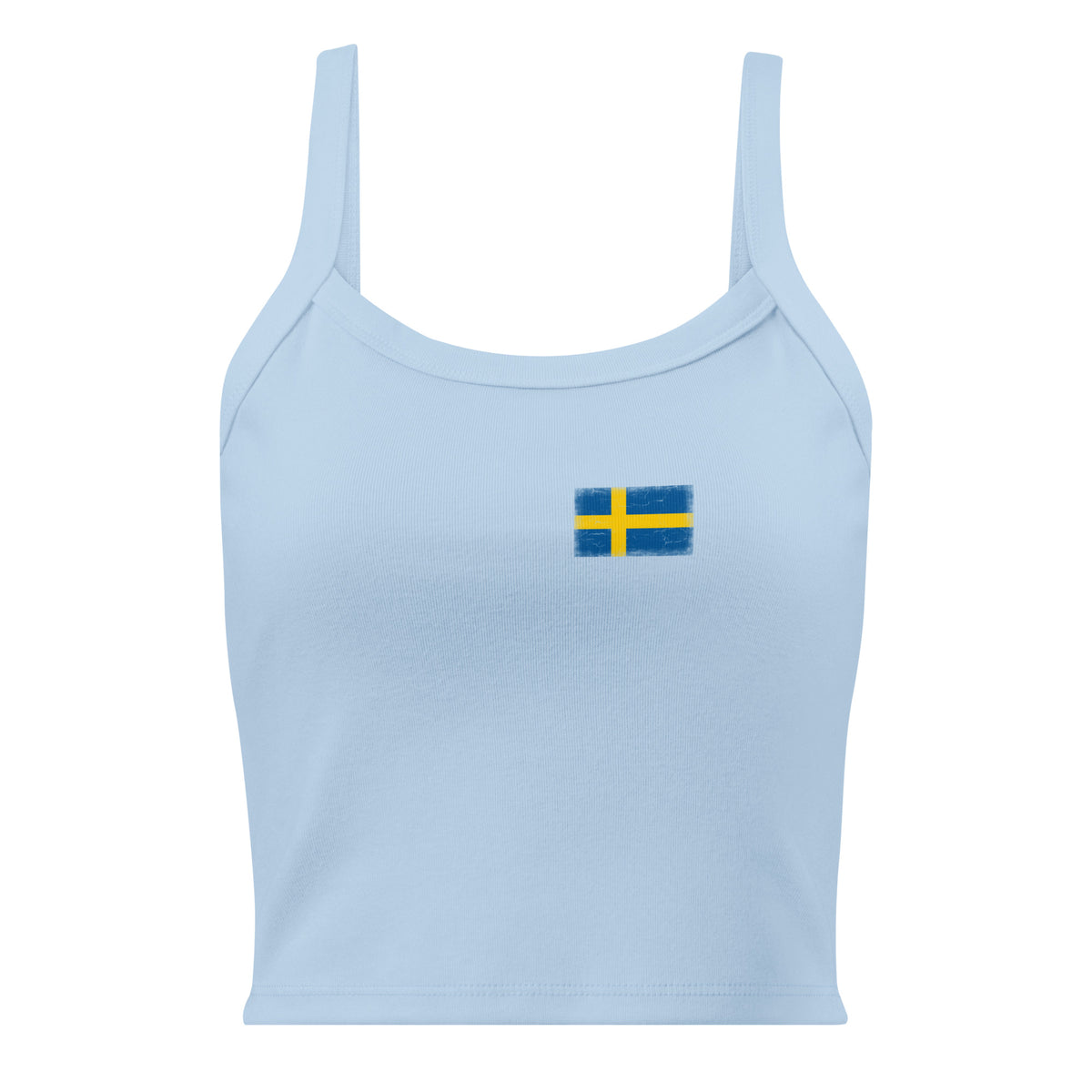 Sweden flag rib tank top in Solid Baby Blue Blend, vintage-washed print, small flag on the left chest, women cut, front view