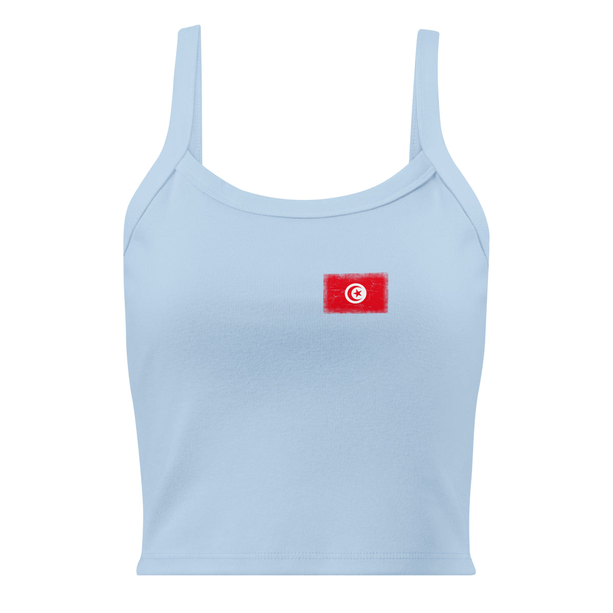 Turkey flag rib tank top in Solid Baby Blue Blend, vintage-washed print, small flag on the left chest, women cut, front view