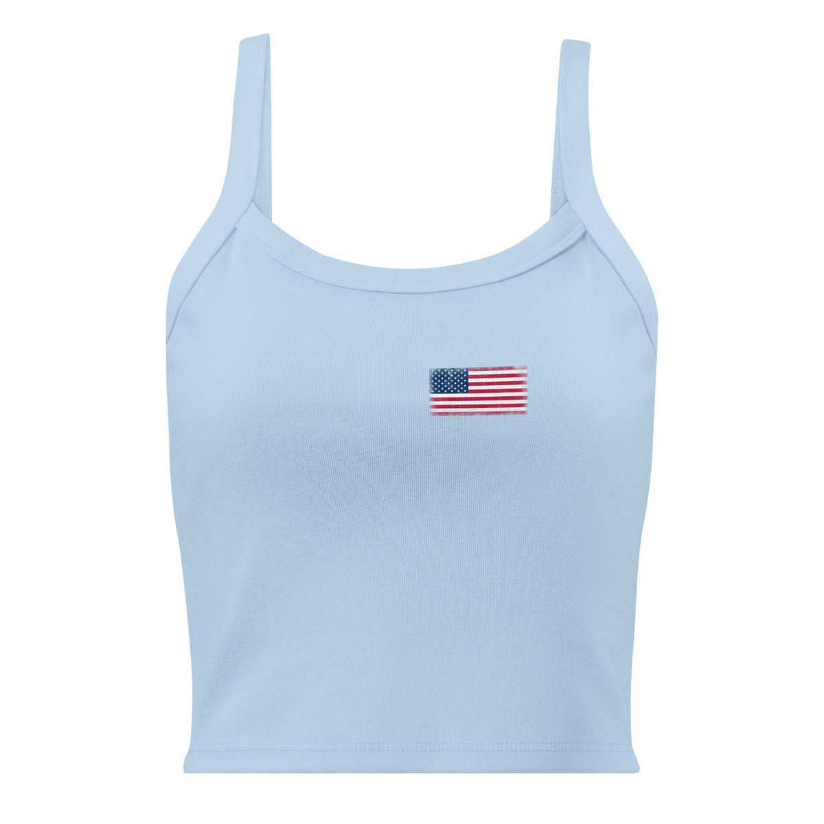 USA flag rib tank top in Solid Baby Blue Blend, vintage-washed print, small flag on the left chest, women cut, front view