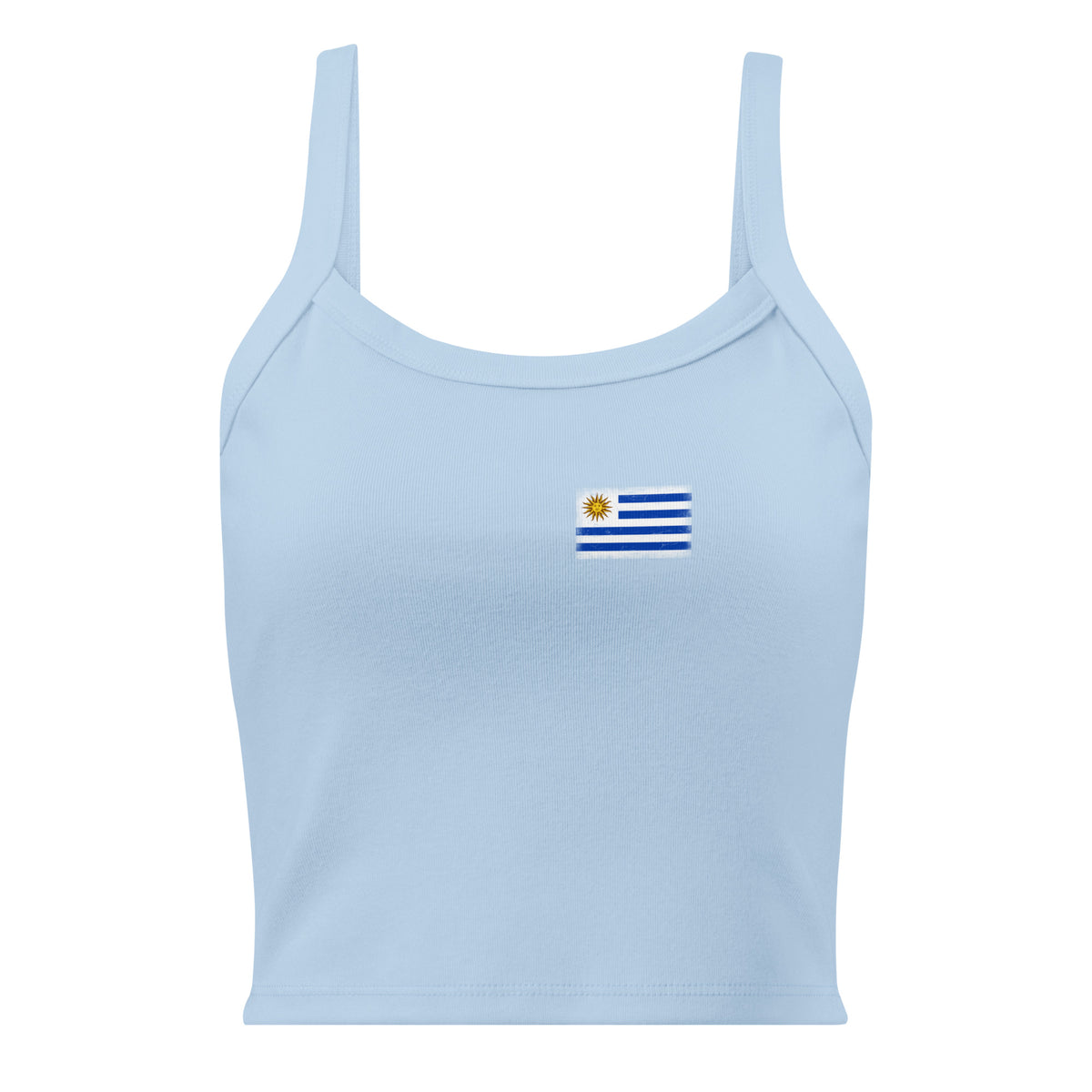 Uruguay flag rib tank top in Solid Baby Blue Blend, vintage-washed print, small flag on the left chest, women cut, front view