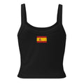 Spain flag rib tank top in Solid Black Blend, vintage-washed print, flag across the upper back, women cut, back view