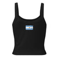 Argentina flag rib tank top in Solid Black Blend, vintage-washed print, flag across the upper back, women cut, back view