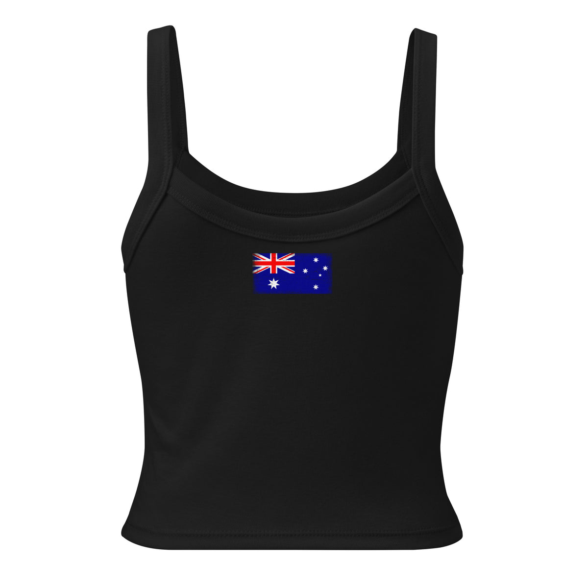 Australia flag rib tank top in Solid Black Blend, vintage-washed print, flag across the upper back, women cut, back view