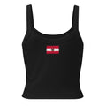 Austria flag rib tank top in Solid Black Blend, vintage-washed print, flag across the upper back, women cut, back view