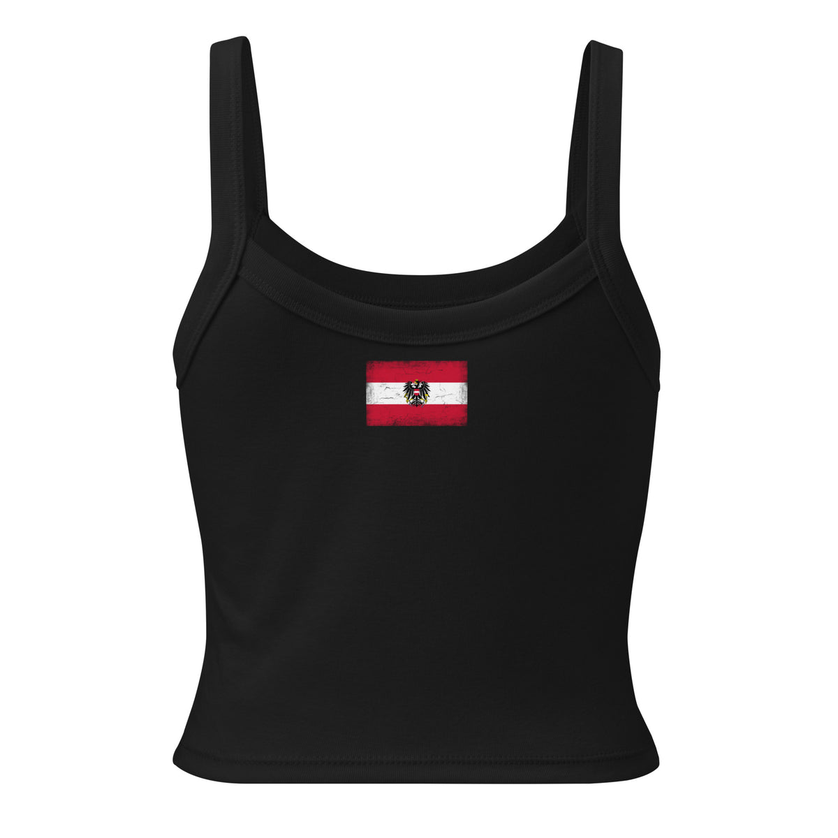 Austria flag rib tank top in Solid Black Blend, vintage-washed print, flag across the upper back, women cut, back view