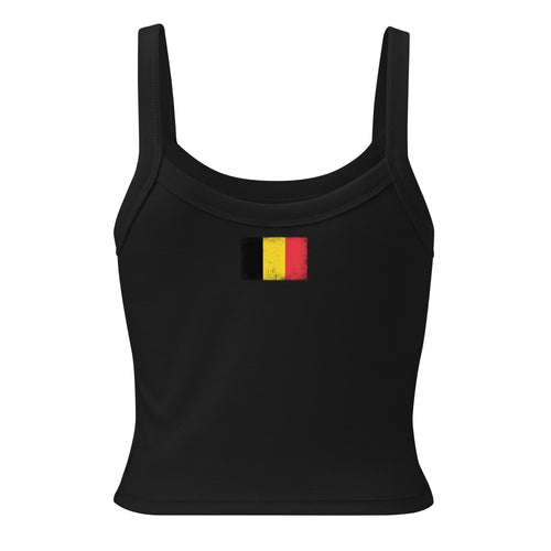 Belgium flag rib tank top in Solid Black Blend, vintage-washed print, flag across the upper back, women cut, back view