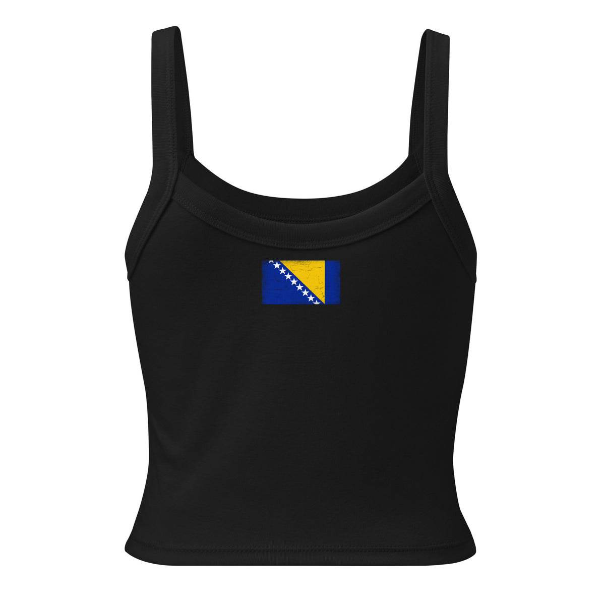 Bosnia and Herzegovina flag rib tank top in Solid Black Blend, vintage-washed print, flag across the upper back, women cut, back view