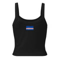 Cape Verde flag rib tank top in Solid Black Blend, vintage-washed print, flag across the upper back, women cut, back view
