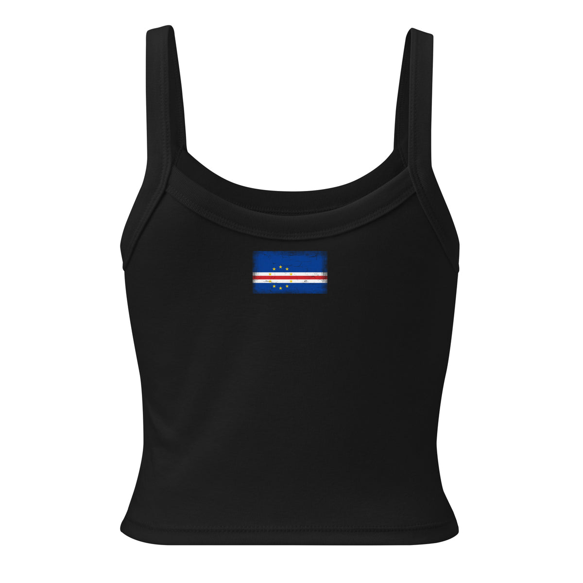 Cape Verde flag rib tank top in Solid Black Blend, vintage-washed print, flag across the upper back, women cut, back view