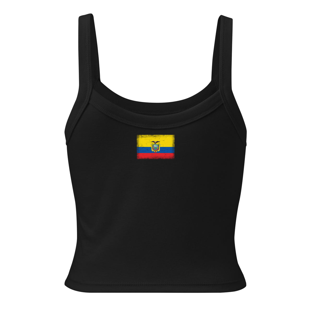 Ecuador flag rib tank top in Solid Black Blend, vintage-washed print, flag across the upper back, women cut, back view