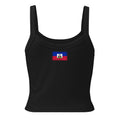 Haiti flag rib tank top in Solid Black Blend, vintage-washed print, flag across the upper back, women cut, back view