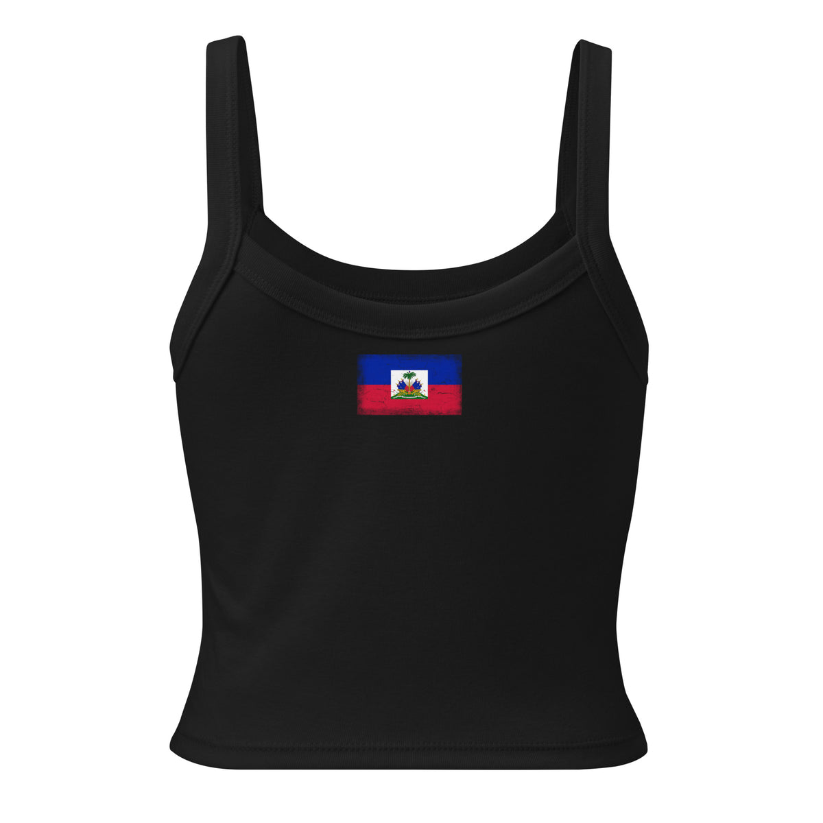 Haiti flag rib tank top in Solid Black Blend, vintage-washed print, flag across the upper back, women cut, back view
