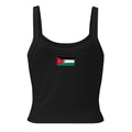 Jordan flag rib tank top in Solid Black Blend, vintage-washed print, flag across the upper back, women cut, back view
