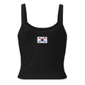 South Korea flag rib tank top in Solid Black Blend, vintage-washed print, flag across the upper back, women cut, back view